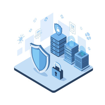 Isometric illustration of data security and network protection.
