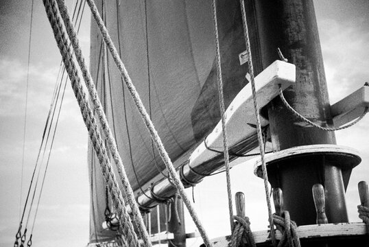 Black and white detail of sailboat rigging