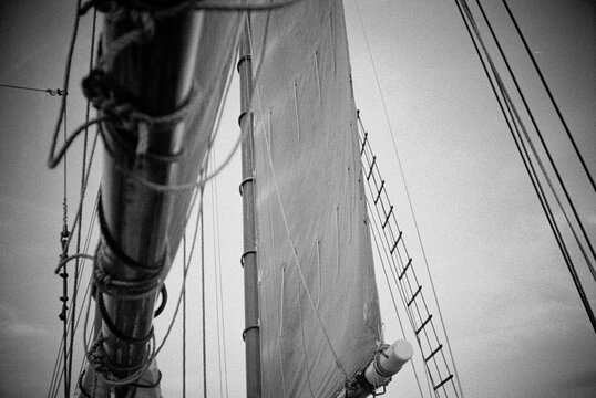 Black and white film scan of sailboat boom and masts
