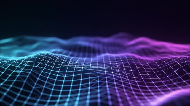 Abstract digital landscape with glowing neon grid lines and undulating waves in vibrant blue and
