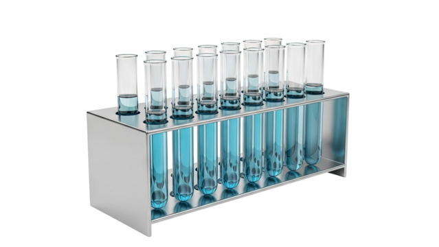 Test Tubes with Blue Liquid in Rack - Powered by Adobe