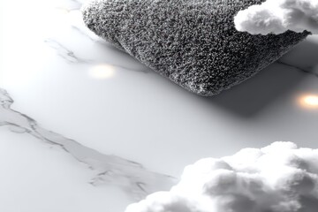 A textured cushion rests on a sleek marble surface, surrounded by soft, fluffy clouds, creating a serene and modern atmosphere.