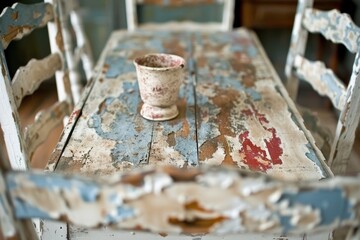 A rustic wooden table with peeling blue paint, featuring a floral cup in the center, surrounded by matching chairs, evokes a vintage, charming ambiance.