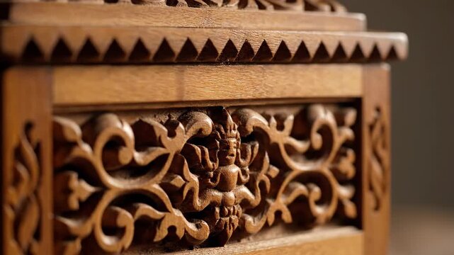 Intricate wood carving details a rich cultural artifact Decorative patterns showcase traditional craftsmanship and artistic heritage This close up highlights detailed artistry