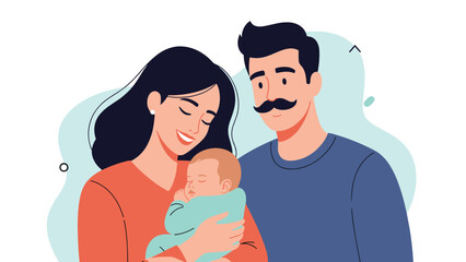 Young parents happily holding their sleeping newborn baby, depicted in a warm and modern flat illustration style suitable for family concepts.