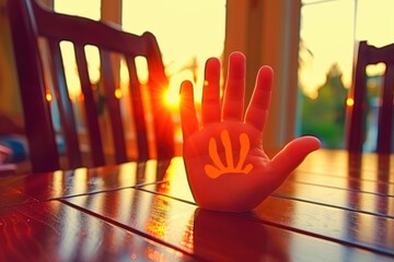 A hand silhouette with a sunburst backdrop rests on a wooden table, symbolizing warmth, creativity, and connection with nature.