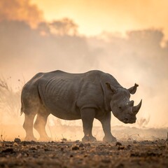 Fototapeta premium A rhinoceros stands alone in a dusty, golden-lit savannah landscape
