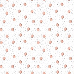 Minimal seamless pattern with hand drawn pastel Easter eggs and small decorative dots on white background. Design is suitable for fabric, stationery, wallpaper, gift wrap, packaging and spring project