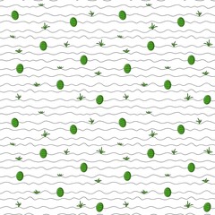 Minimal hand drawn seamless pattern with Easter eggs and grass elements arranged in wavy horizontal lines. Perfect for fabric, wallpaper, stationery, packaging, surface design and spring collections