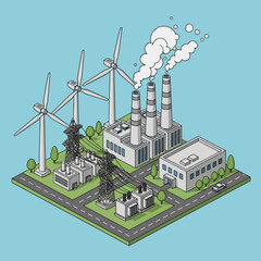 Isometric view of power generation with wind turbines and a factory. © Fais