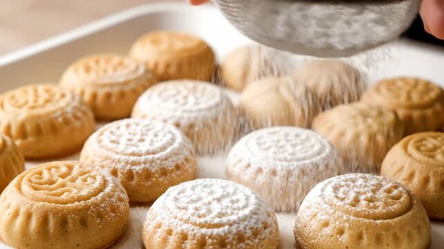 Delicate baked goods dusted with powdered sugar from a sieve A culinary art form revealing intricate patterns on each sweet treat