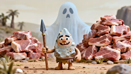 Stone Warrior with Spear: Ghostly Presence Amidst Meat Stacks in Desert