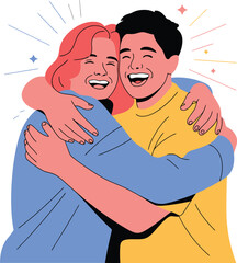 Joyful embrace between friends radiating warmth, happiness, and emotional connection in a celebratory vector illustration.