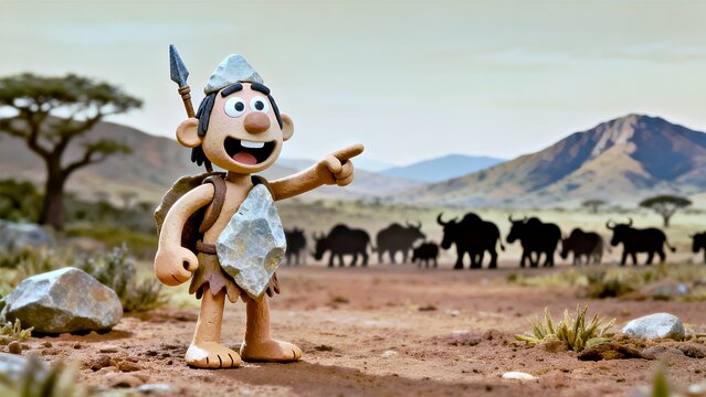 Stone Age Explorer: Clay Figurine with Spear in Savanna Landscape