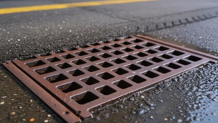 Fototapeta premium Close-up of a metal storm drain grate in wet asphalt with yellow road markings, showing urban water drainage and infrastructure for safe street conditions