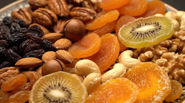 A close up view of a variety of dried fruits and nuts offering a colorful and textured assortment for healthy snacking or baking