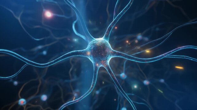 Glowing neural network synapse firing electrical impulses and energy sparks in dark blue