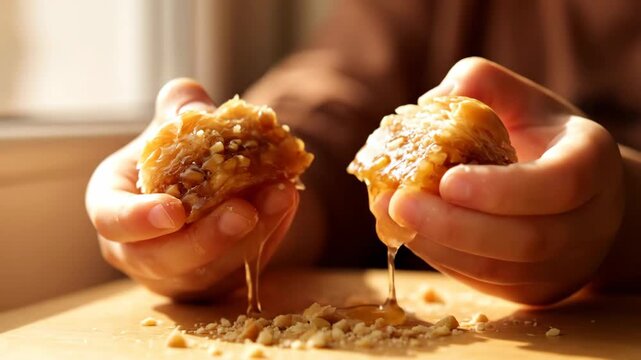 A child s hands bravely break apart a golden crumbly cookie Sunlight streams down illuminating the delicious snack as it is separated
