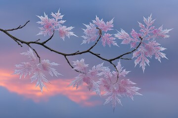 Delicate pink-hued leaves on a branch against a soft, colorful twilight sky create a serene and enchanting atmosphere.