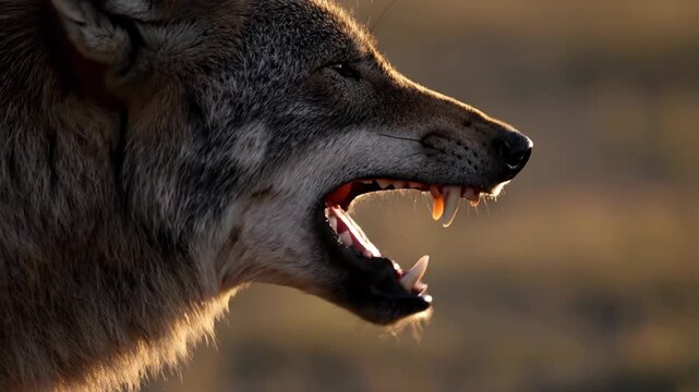 A close up profile shot of a wolf growling with its mouth open showing sharp teeth under warm sunlight creating a dramatic and intense animal portrait