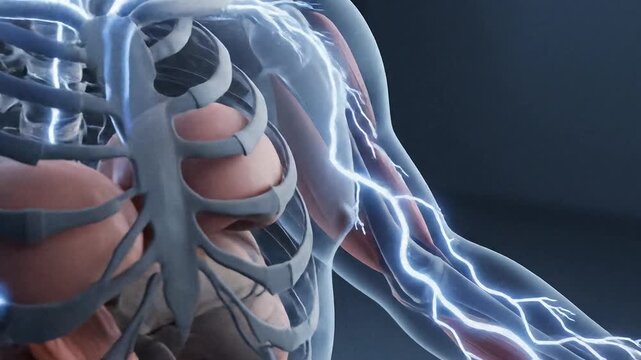 Human anatomy nervous system electrical impulses glowing blue energy pathways within transparent