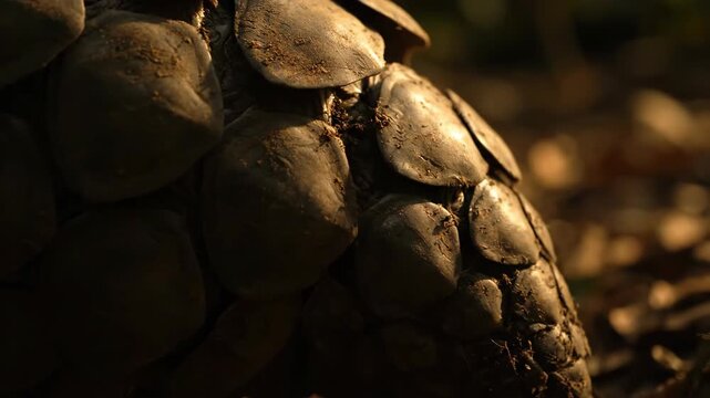 A close up shot focuses on the textured shell of a large reptile Sunlight dapples the intricate scales creating a natural earthy pattern