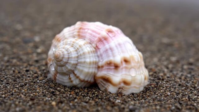 A delicate seashell rests on wet sand near the gentle waves of the ocean Its intricate spiral pattern and subtle pink hues capture the essence of coastal beauty