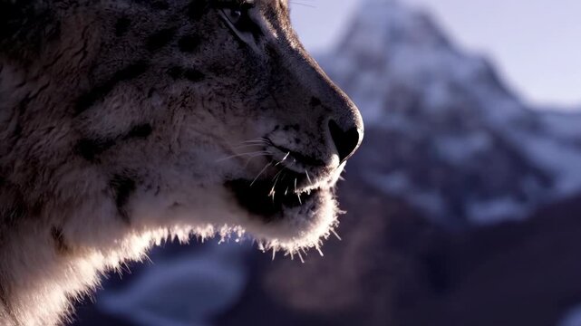 A majestic snow leopard s face is captured in a close up profile against a backdrop of snowy mountain peaks Its fur showcases its distinctive spotted pattern
