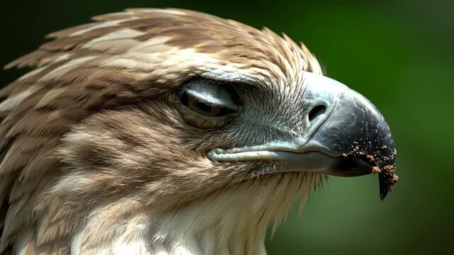 A close up profile shot of a majestic eagle s head reveals its piercing gaze sharp beak and intricate feather details set against a soft green background