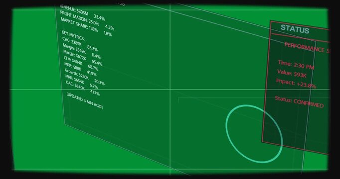 On refresh HUD sliding in, showing KPIs cyan donut rotating red status confirming on transparent bg