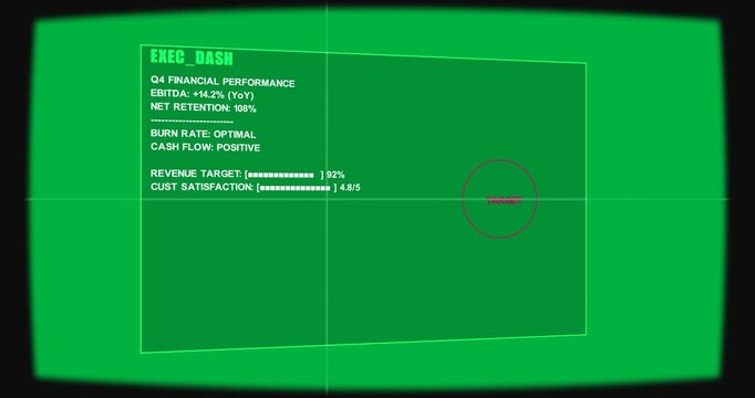 Camera pulling back EXEC_DASH showing Q4 metrics on transparent overlay centering TARGET for review