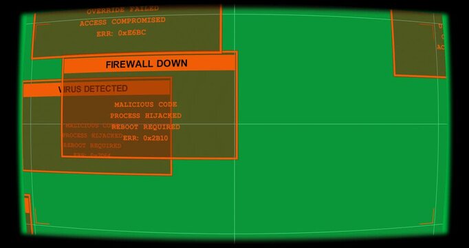 Exploit activating, orange alerts spawning, expanding, sliding, showing breach on transparent bg