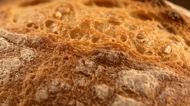 Close up of a golden brown bread crust showing intricate textures The warm tones evoke a sense of comforting homemade goodness Perfect for baking or food content