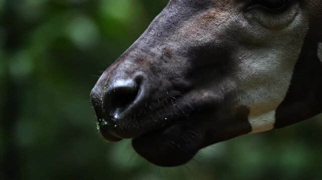 A close up of an okapi s head reveals its distinctive dark muzzle and the start of its patterned fur set against a lush green blurred background