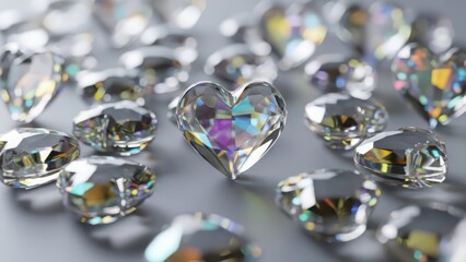 Sparkling heart shaped diamonds on gray background