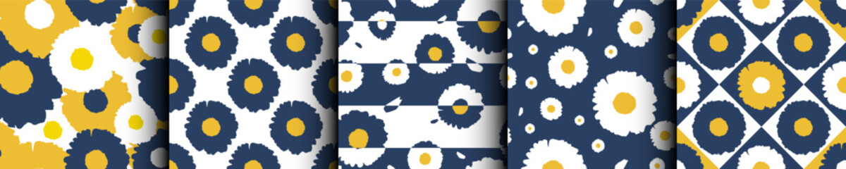 Original floral daisy flower seamless pattern set Collection. Trendy geometric flat flowers blossom, chamomile floral print white yellow blue texture background
