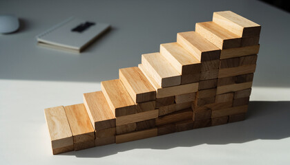 Obraz premium Wooden blocks arranged to form an ascending staircase or graph on a white desk, symbolizing progress, growth, and strategic development in a professional setting.