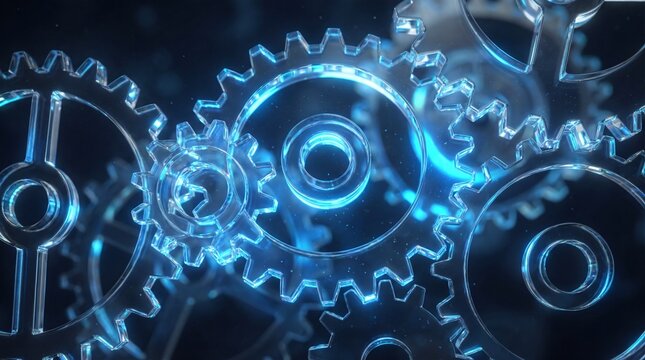 Close up of transparent glass gears working together blue light