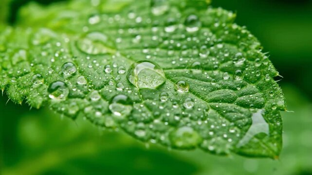 Refreshing green mint leaf glistens with numerous perfectly round water droplets after a gentle rain The natural beauty of dew drops on foliage