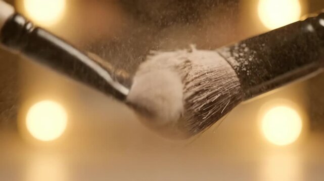 Close up of makeup brushes dusting powder against a warm bokeh background The fine powder particles fly mid air creating an artistic and elegant beauty shot