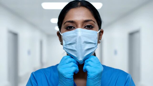 A determined healthcare professional dons a face mask and gloves Ready for their shift they protect themselves and others Their focus is evident as they prepare for essential medical work