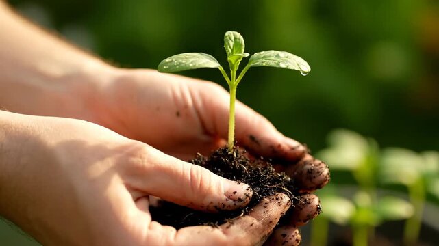 Gentle hands cradle a tiny sprout emerging from rich soil The delicate plant symbolizes new beginnings growth and the promise of nature s bounty