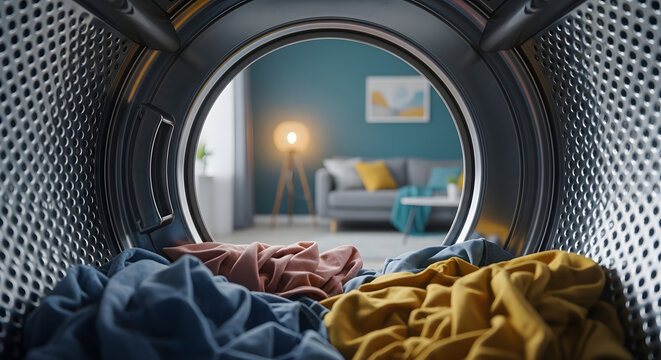 Washing machine filled with vibrant clothes viewed from inside the drum with a living room in the background visible