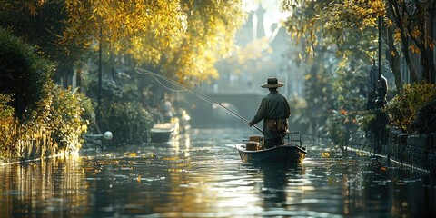 Fisherman in conical hat stands on narrow boat casting line in canal between old weathered buildings under misty sky. Generative by AI.