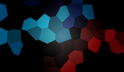 Abstract geometric pattern with blue and red polygonal shapes on black background