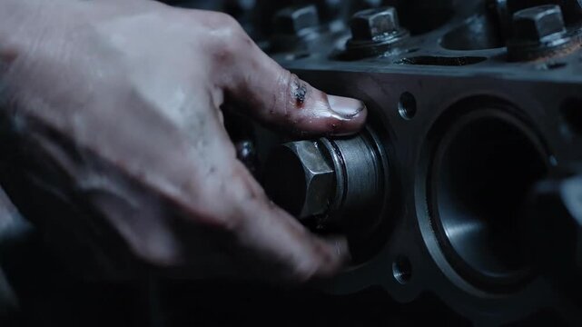 A close up shot shows a greasy hand tightening a bolt on a metal engine part The mechanic is focused and determined