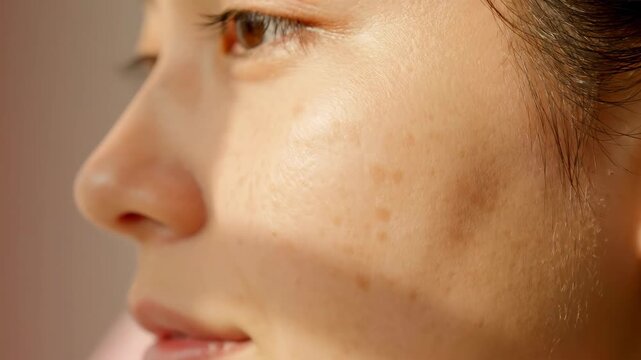 Close up of a young woman s face showing skin texture and a bright natural light casting shadows Focus on healthy skin and subtle beauty