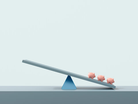 Three piggy banks on tilted balance beam symbolizing financial stability