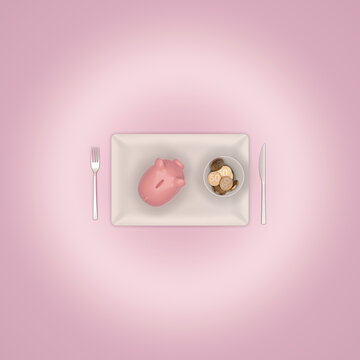 Piggy bank and coins on plate symbolizing finance and saving