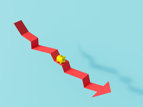 Piggy bank on red downward arrow symbolizing stock market loss